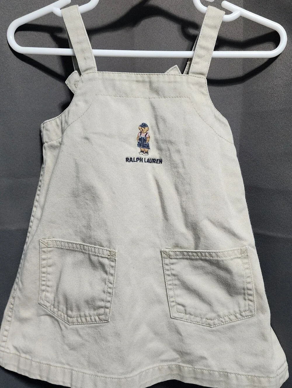 Vintage Polo Ralph Lauren Bear Khaki Overall Jumper Dress Kids Size 6-12 Month